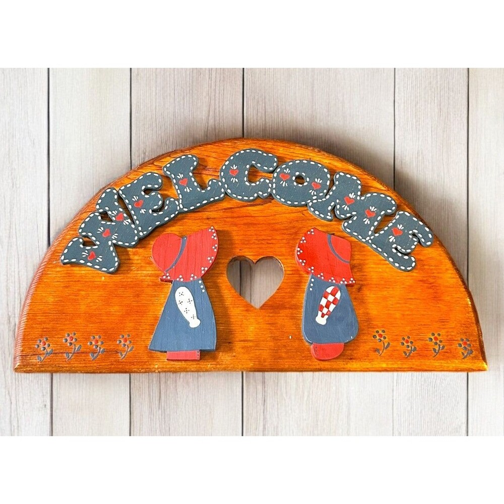 Vtg HAND PAINTED Wooden Cottage Country Welcome Sign Plaque Handcrafted Hearts